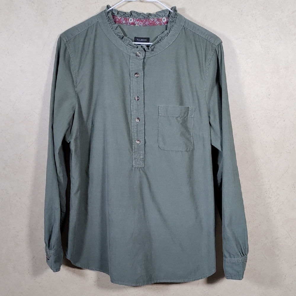 H159 Talbots green corduroy half button L/S blouse L